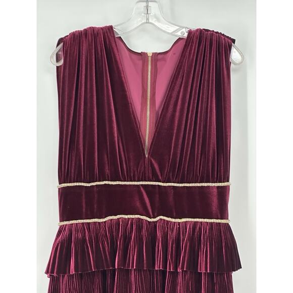 NWT Bronx & Banco Burgundy Velvet Tiered Maxi Gown XL US10 Gold Trim Pleated - Picture 5 of 16